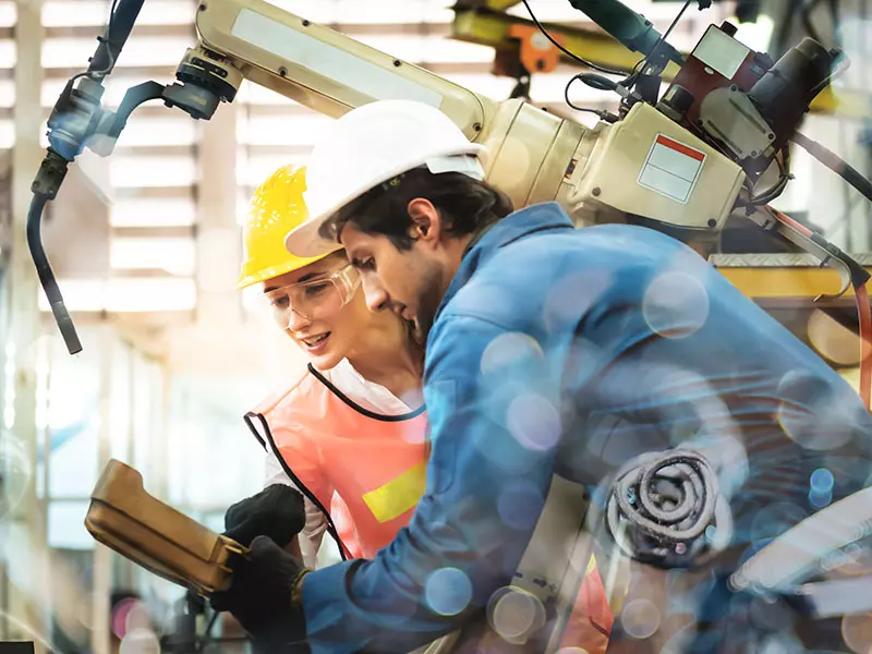 Zwei Experten bewerten in einer Industrie-Anlage die Anzeigen eines Messgeräts